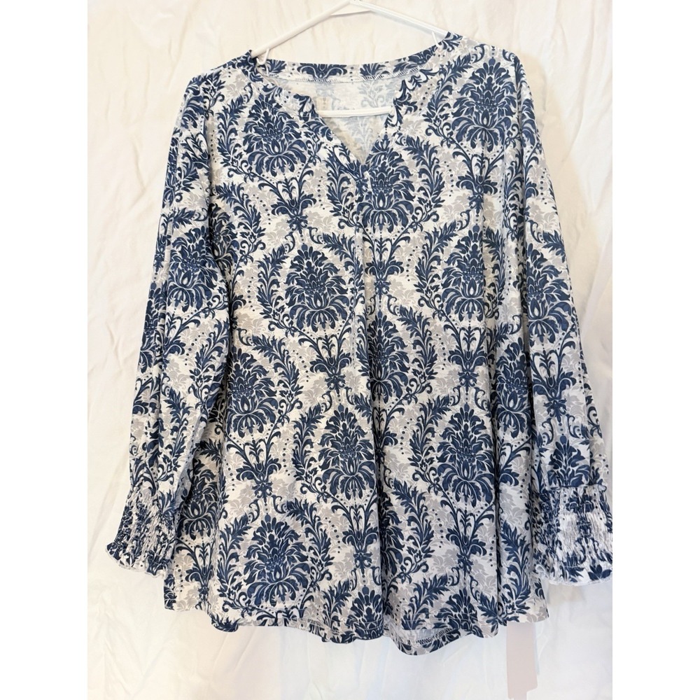 Lomon  Women's 3X Tunic Blue print NWT Boho shirt blouse, Long Sleeve